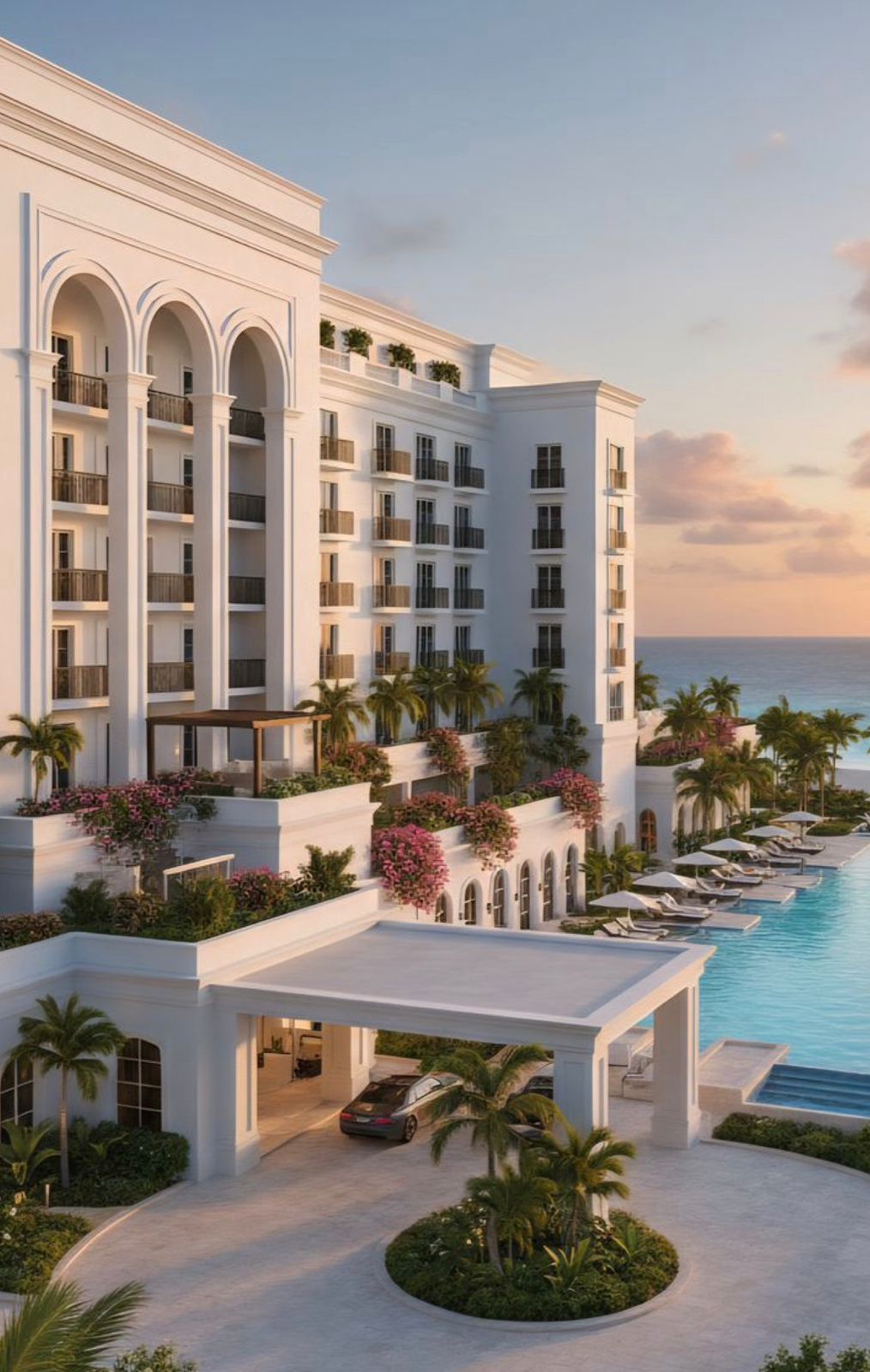 واجهة فندق فاخر مع سيارة كلاسيكية